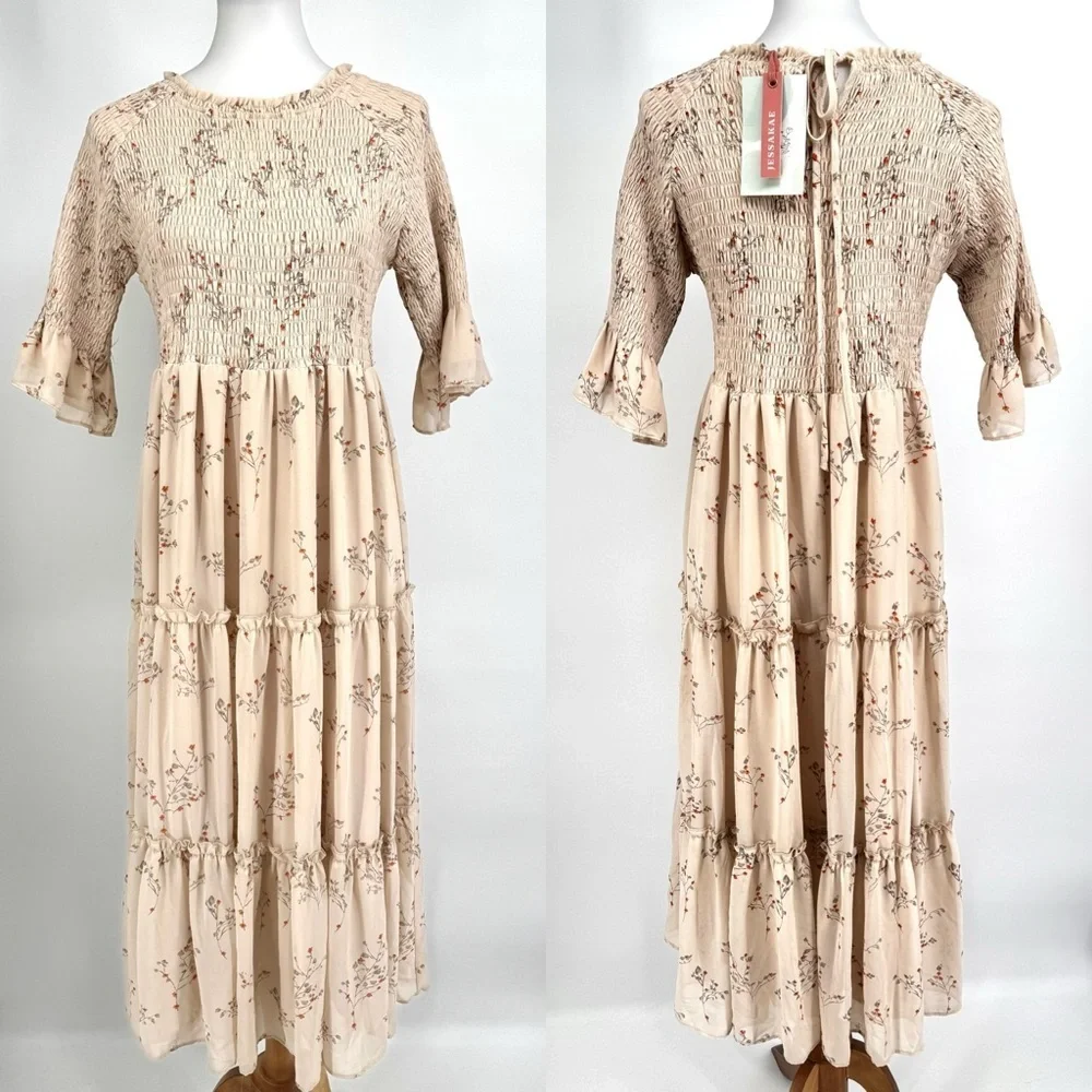 JESSAKAE Wandering Willoughby Smocked Floral Tiered Midi Dress NWT L - Picture 2 of 6
